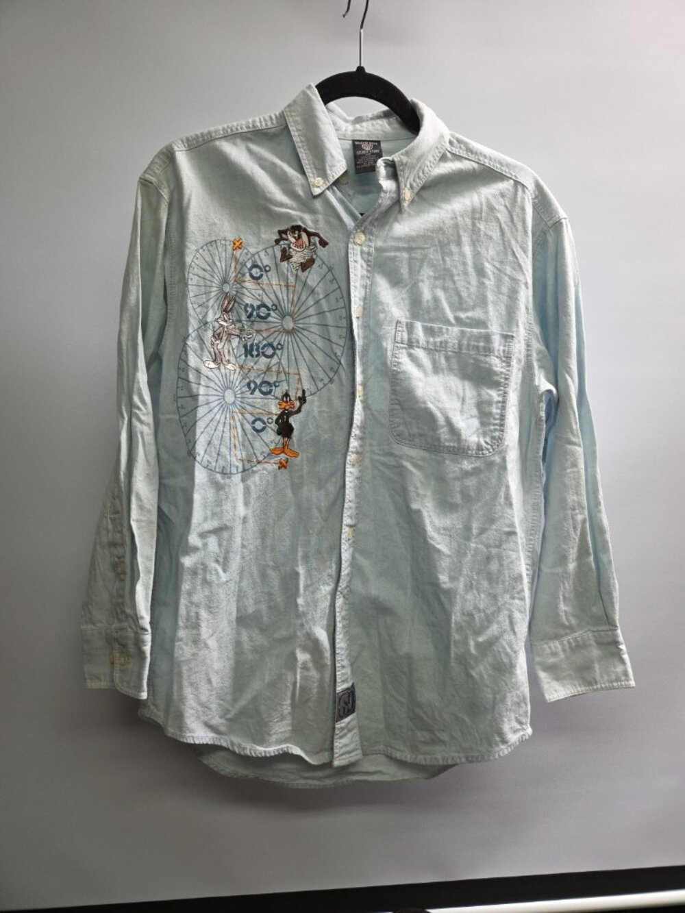 Vintage Warner Bros Studio Store Looney Tunes Light Wash Denim Blue Shirt XS Taz